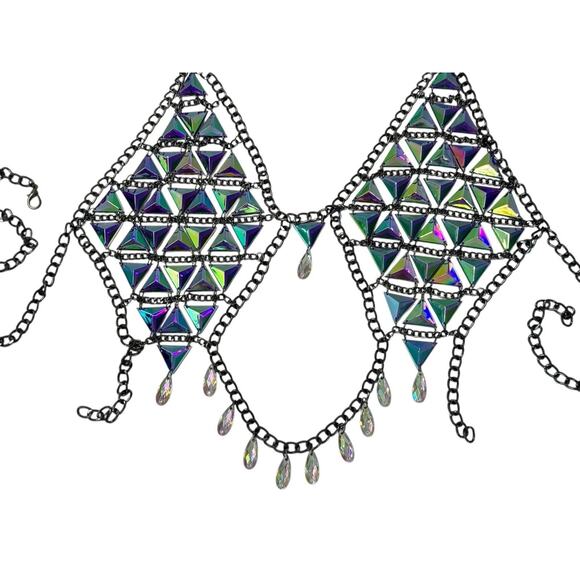 RAVE WONDERLAND DOLLS KILL Iridescent Gem Jewelry Crop Top Crystal Chain Bra - Picture 12 of 15